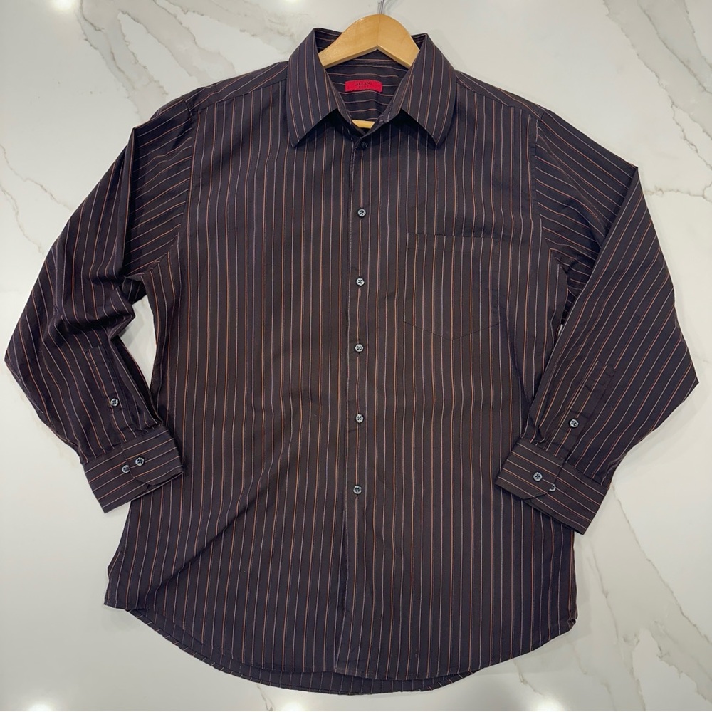 Alfani Mens Fitted Shirt, Brown-Orange/white Pin Stripes Size Large(16, 32-33 )